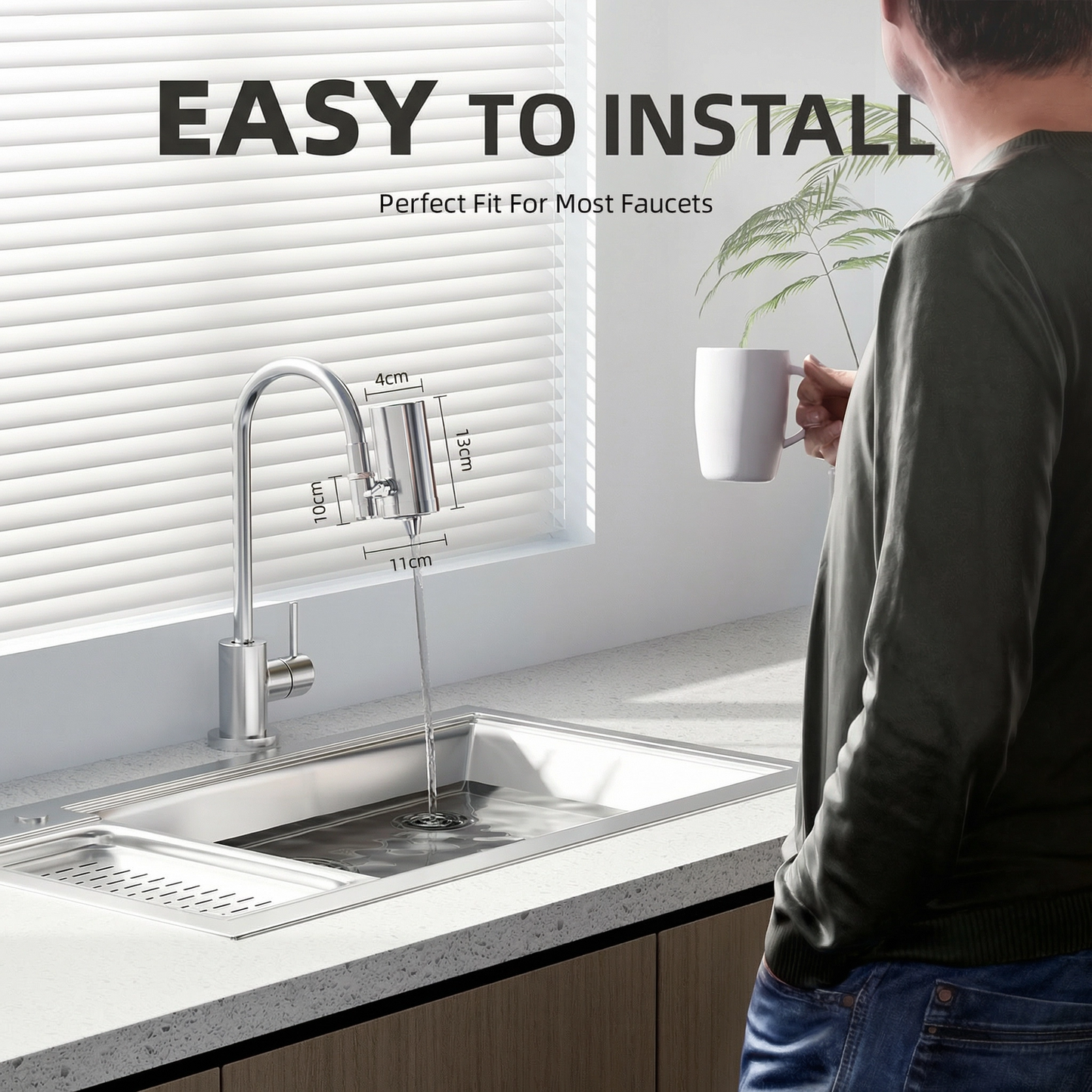 Filtru de apă de la robinet din oțel inoxidabil – 304 de calitate alimentară, cărbune activat cu 4 straturi, comutator filtrat/nefiltrat, potrivire universală