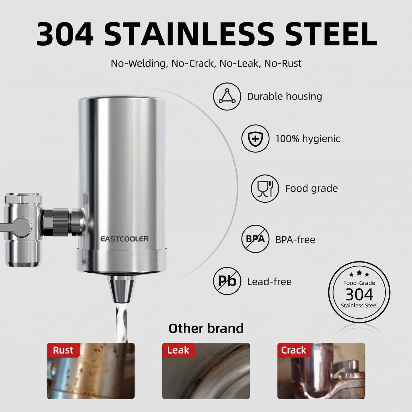 Filtru de apă de la robinet din oțel inoxidabil – 304 de calitate alimentară, cărbune activat cu 4 straturi, comutator filtrat/nefiltrat, potrivire universală