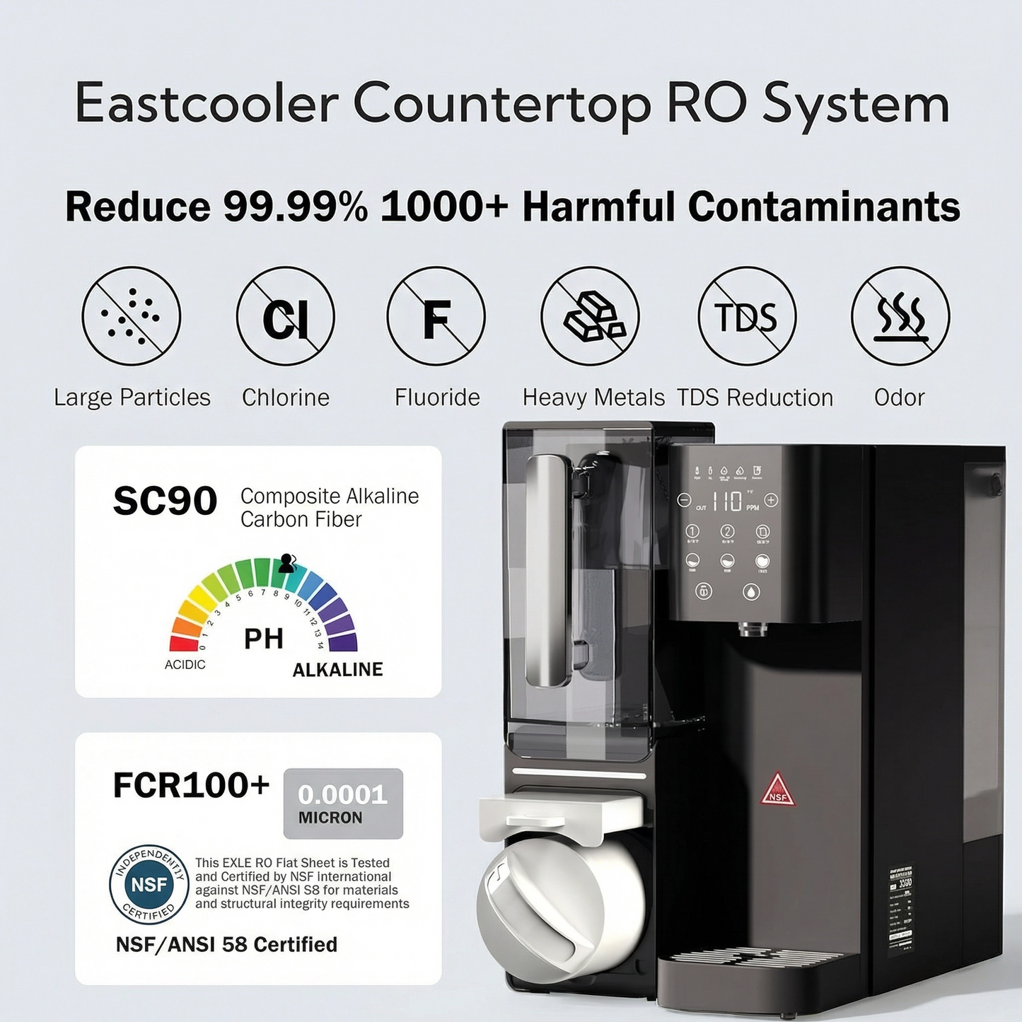 Filtru de apă cu osmoză inversă de blat & Dozator de apă caldă – 6 setări de temperatură, 0,0001 microni RO, certificat NSF/ANSI 58, rezervor de 4,5 l