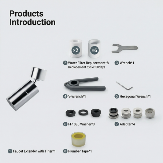 Filtru de apă pentru robinet rotativ 1080° – Filtrare cu cărbune activat în 4 straturi, alamă fără plumb, potrivire universală, 8 filtre de schimb incluse