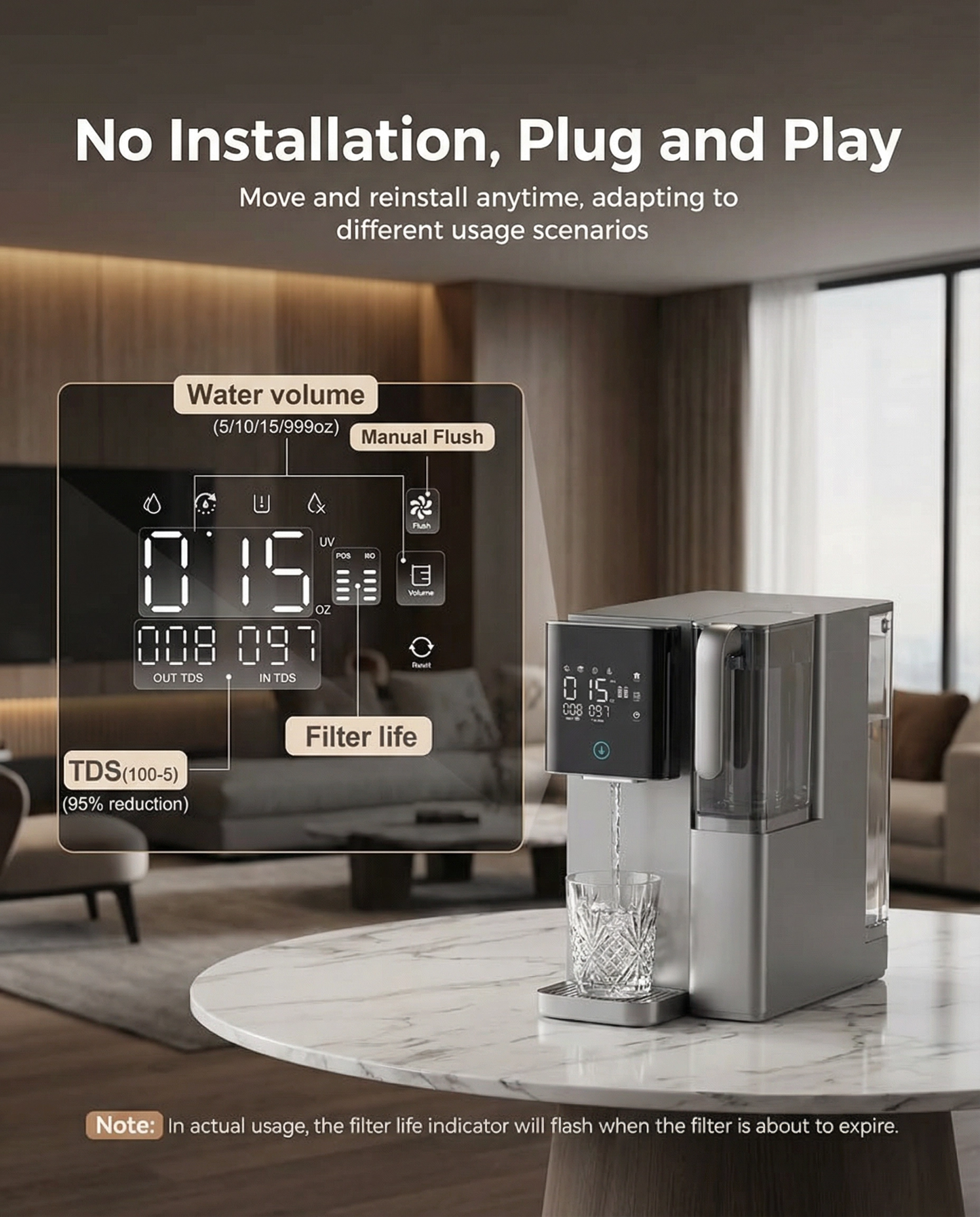 Distribuitor de apă caldă & rece cu osmoză inversă de blat – Sterilizare RO + UV în 7 trepte, afișaj TDS dublu, temperatură reglabilă, rezervor de 5,5 l, fără instalare