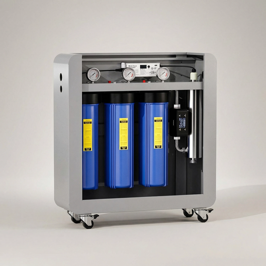 Sistem de filtrare a apei în 3 etape pentru întreaga casă cu sterilizare UV – 18 GPM, Big Blue 20" Carcase, manometre, cadru din oțel carbon, montare pe perete sau independentă