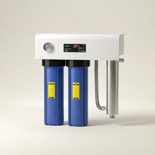 Sistem de tratare a apei cu UV pentru întreaga casă, montat pe perete — Big Blue + UV dual în 3 etape, 132 Lpm 1" BSP