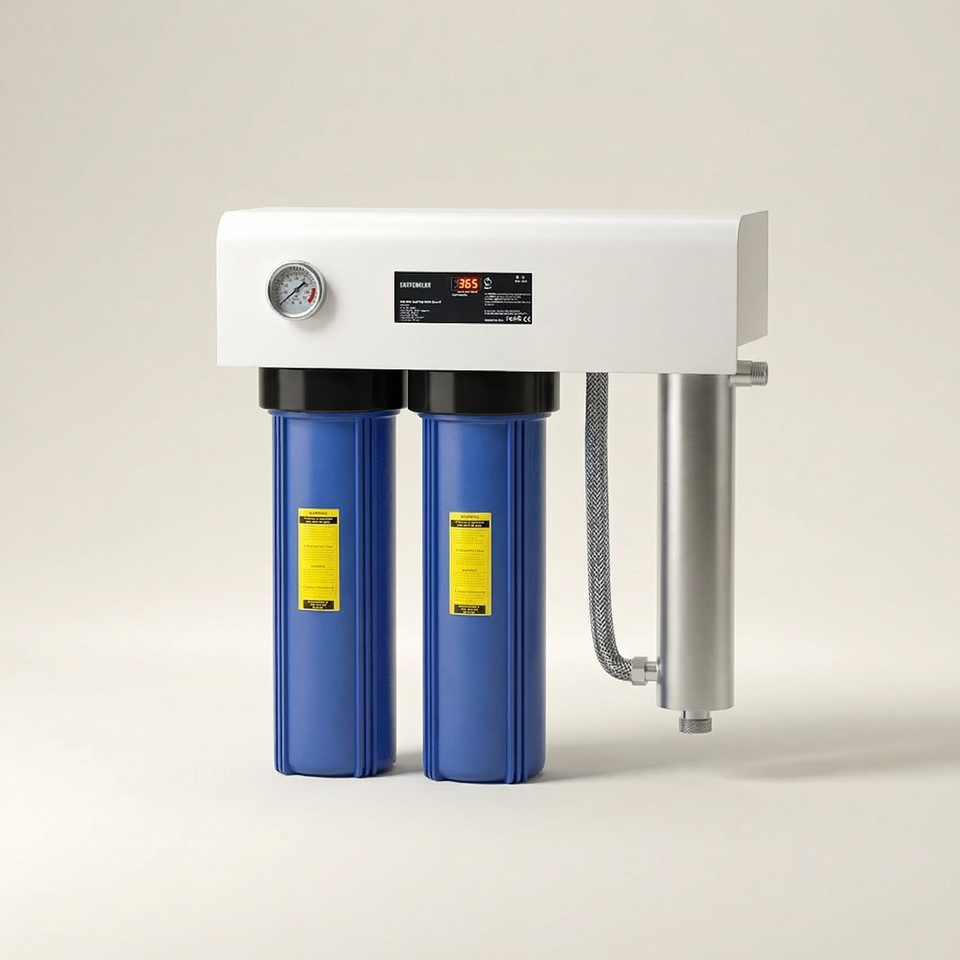 Sistem de tratare a apei cu UV pentru întreaga casă, montat pe perete — Big Blue + UV dual în 3 etape, 132 Lpm 1" BSP