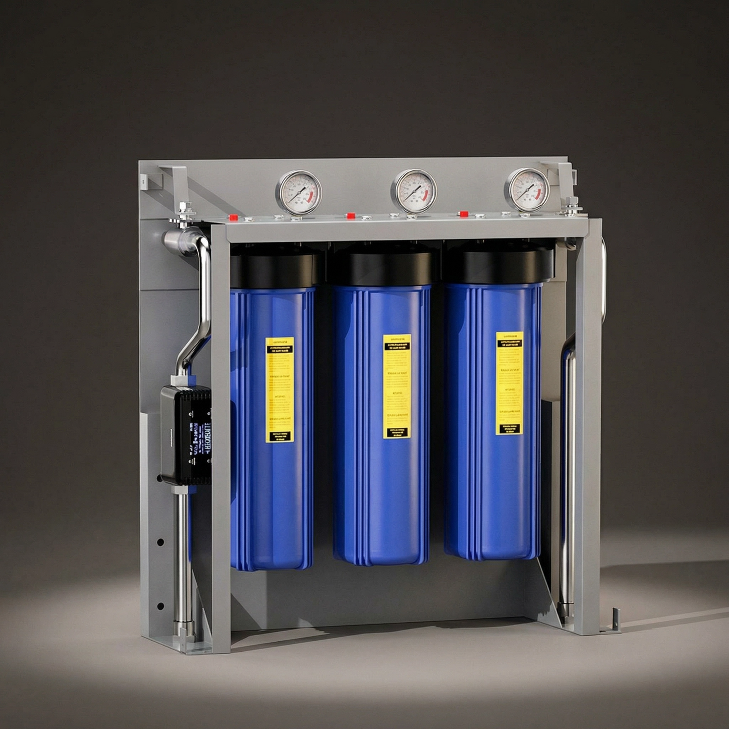 Sistem de filtrare a apei în 3 etape pentru întreaga casă cu sterilizare UV – 18 GPM, Big Blue 20" Carcase, manometre, cadru din oțel carbon, montare pe perete sau independentă