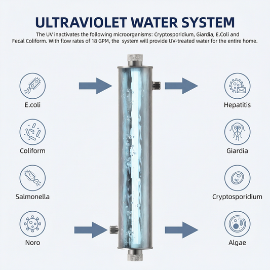 Sistem de filtrare a apei în 3 etape pentru întreaga casă cu sterilizare UV – 18 GPM, Big Blue 20" Carcase, manometre, cadru din oțel carbon, montare pe perete sau independentă