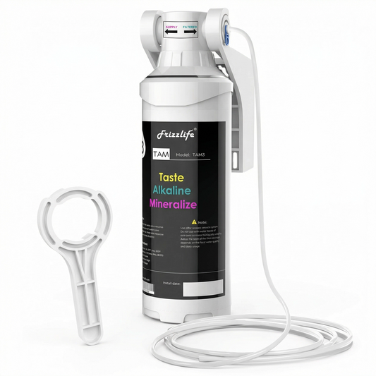 Post-filtru de remineralizare alcalină TAM3 pentru sisteme RO – Gust + Alcalin + Mineral în 3 etape, Schimbare rapidă, 1/4" Conexiune rapidă, pH 7,5+