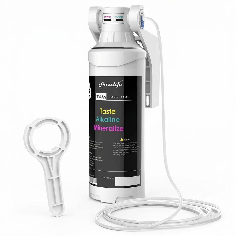 Post-filtru de remineralizare alcalină TAM3 pentru sisteme RO – Gust + Alcalin + Mineral în 3 etape, Schimbare rapidă, 1/4" Conexiune rapidă, pH 7,5+