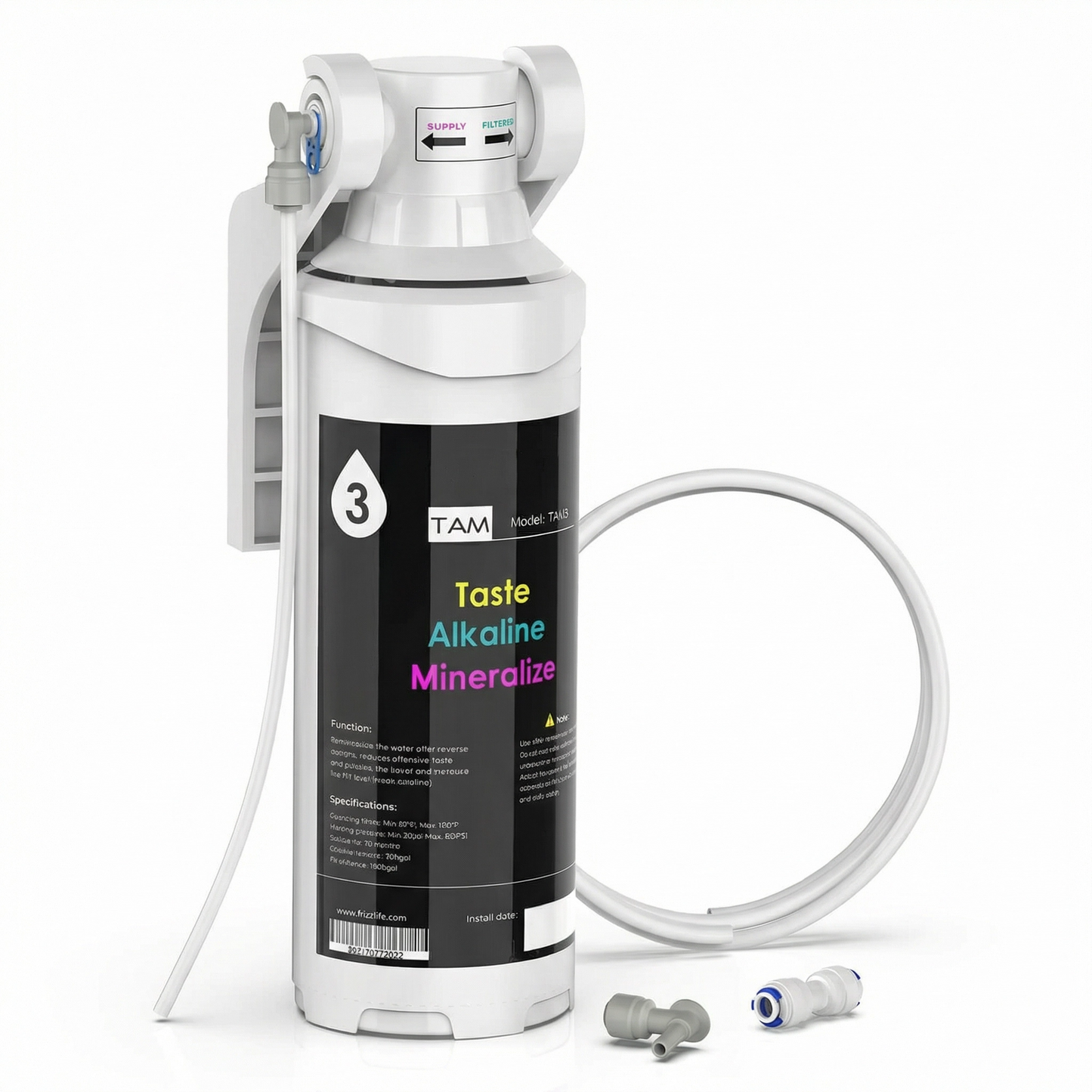 Post-filtru de remineralizare alcalină TAM3 pentru sisteme RO – Gust + Alcalin + Mineral în 3 etape, Schimbare rapidă, 1/4" Conexiune rapidă, pH 7,5+